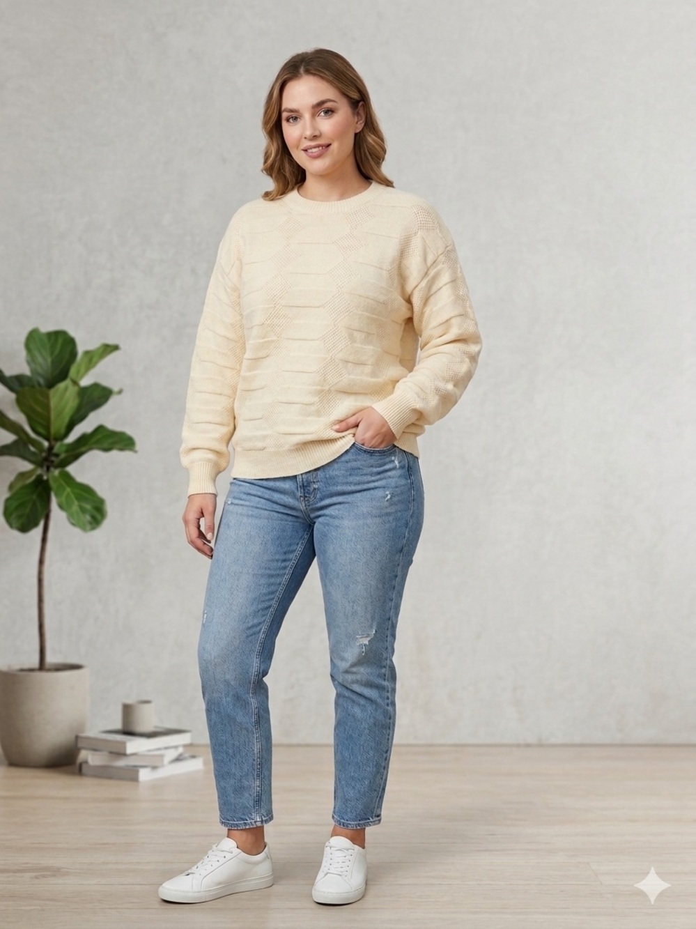 Soft Cream Textured Knit Sweater